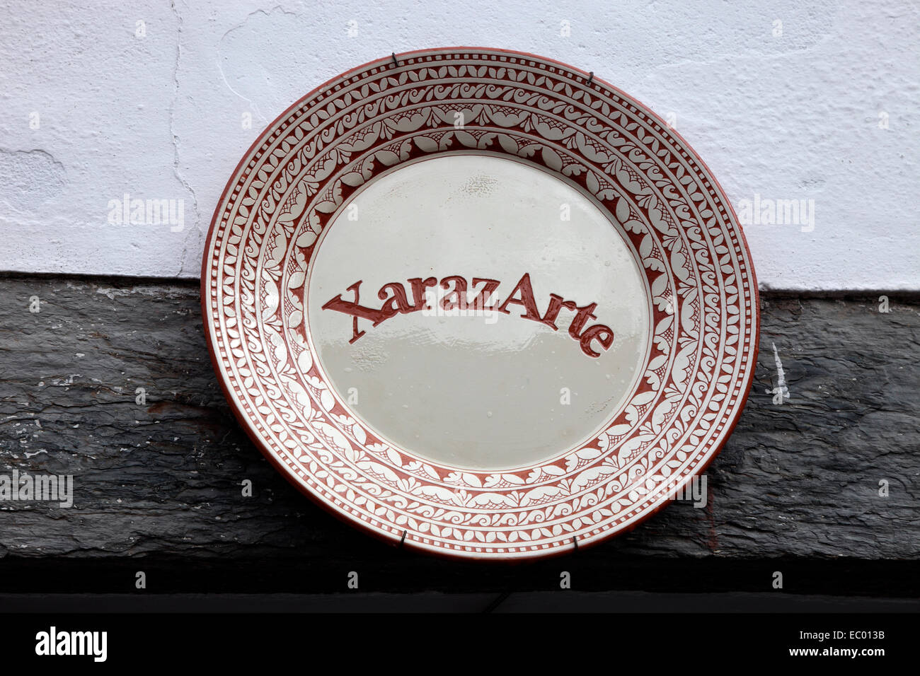 Sign for Xaraz Arte, a ceramics studio in Mosaraz. Stock Photo