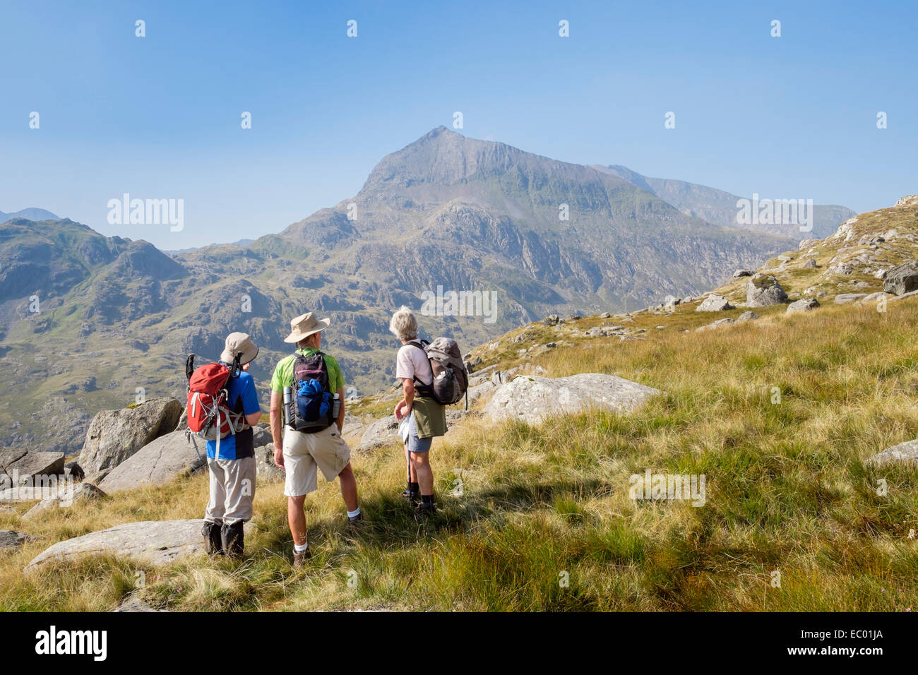 People hikers looking at Crib Goch mountain peak from Red Route up Glyder Fawr hiking in Snowdonia National Park (Eryri) mountains in summer. Wales UK Stock Photo