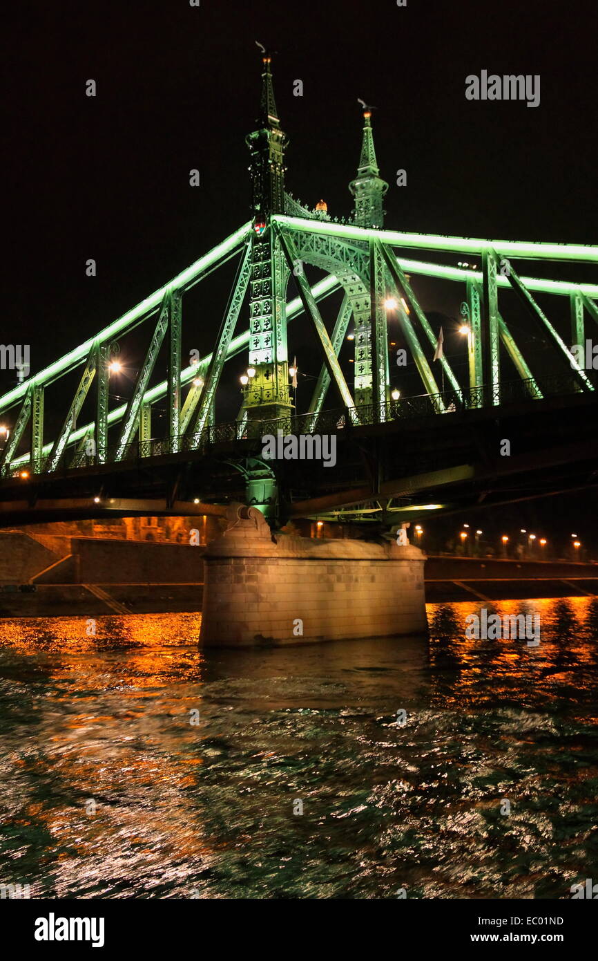 Liberty Bridge and Danube River at night. Illuminated & lightings. Budapest Hungary Stock Photo