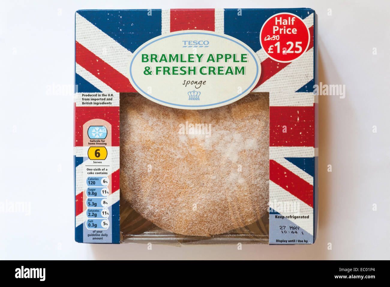 Tesco Bramley Apple and Fresh Cream sponge cake in box isolated on