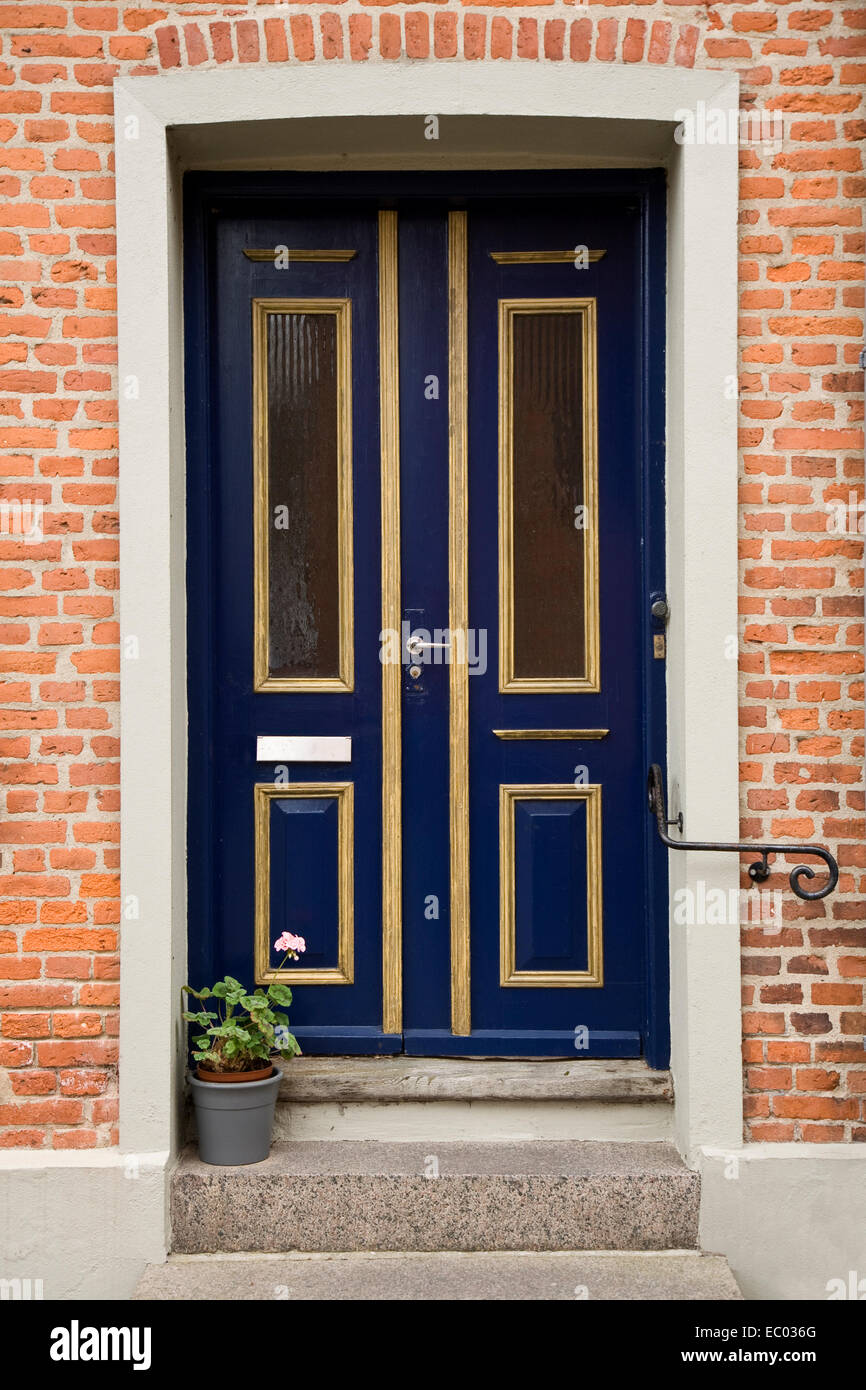 Blue double door with golden frames Stock Photo
