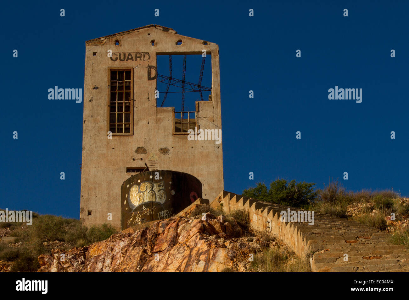 Ruined building which was part of the Gold Mine workings at Rodalquilar. Stock Photo