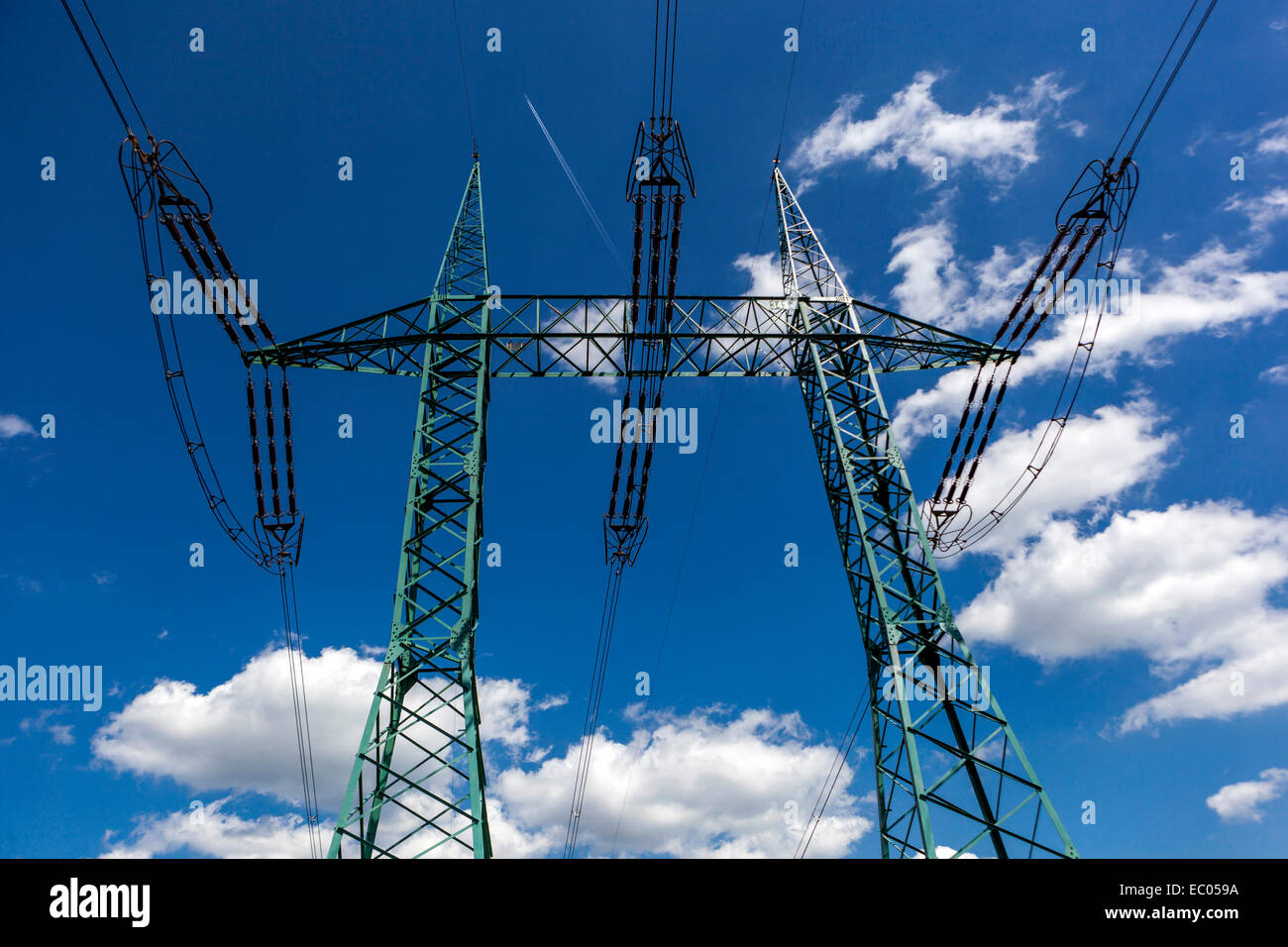 High voltage power lines pylon, Czech wires in sky Stock Photo