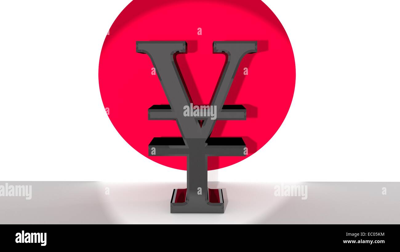 Currency symbol for japanese Yen, made of dark metal, in front of japanese flag Stock Photo