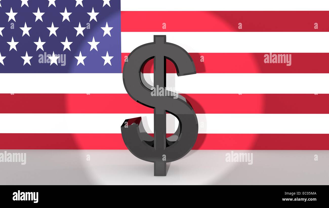 Currency symbol Dollar made of dark metal in spotlight in front of american flag Stock Photo