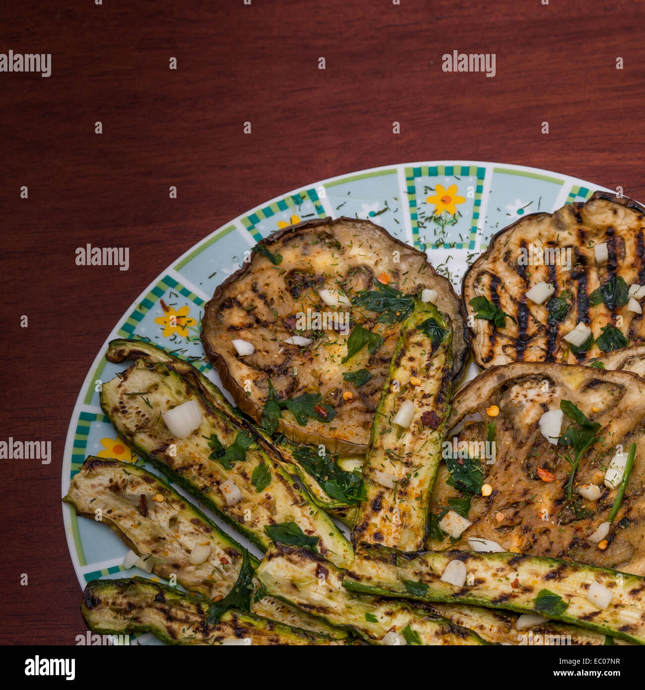 A Dish of grilled eggplants with spices from italian recipe Stock Photo