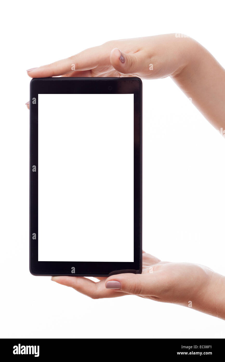 Woman hold tablet PC on white background Stock Photo - Alamy