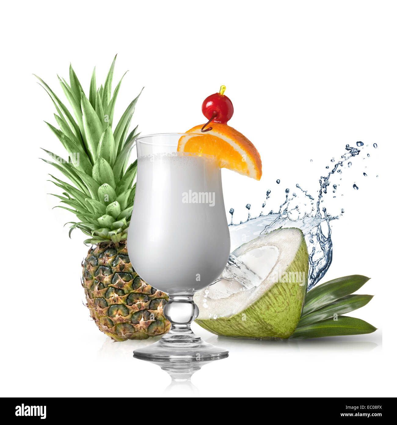 pina colada cocktail in front of pineapple and coconut isolated on white Stock Photo