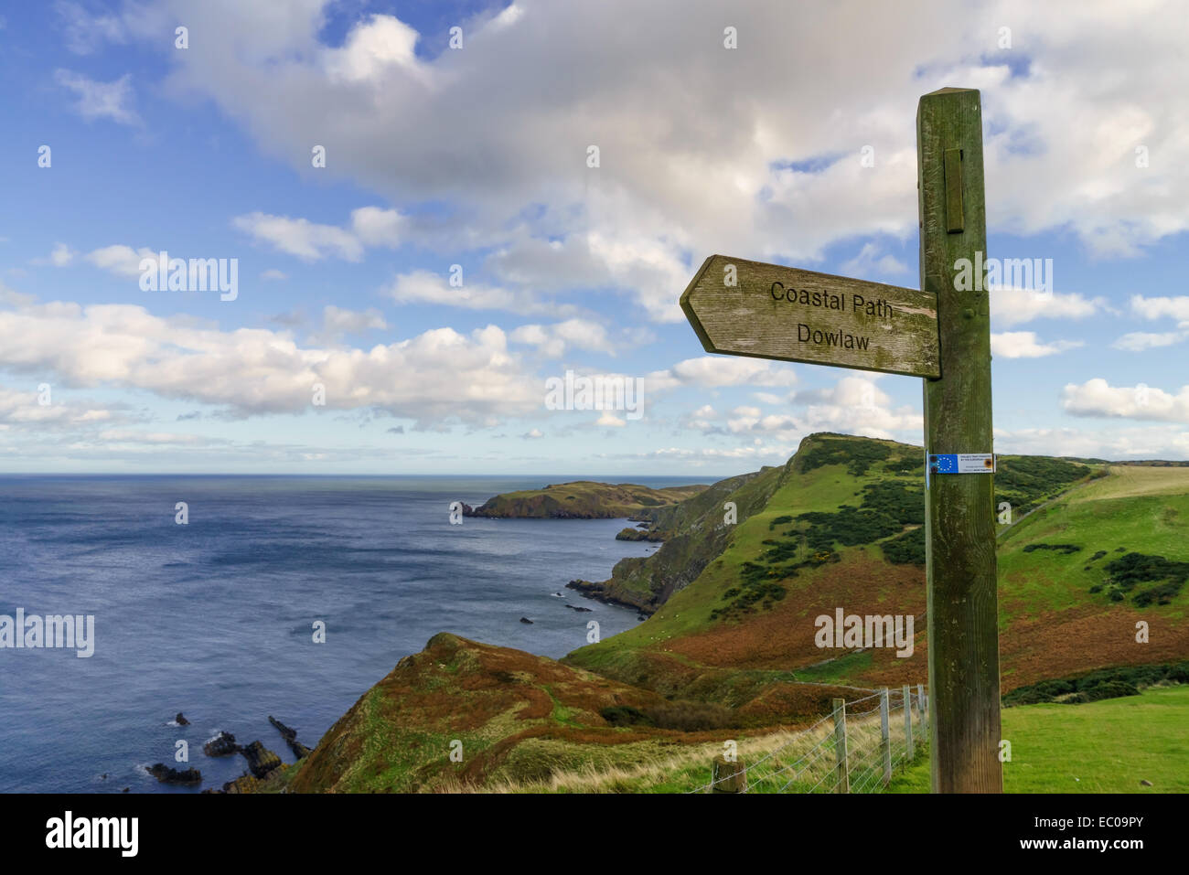 A wooden signpost on the coastal footpath along the cliffs of the Scottish Borders, near St Abb's Head, Scotland. Stock Photo