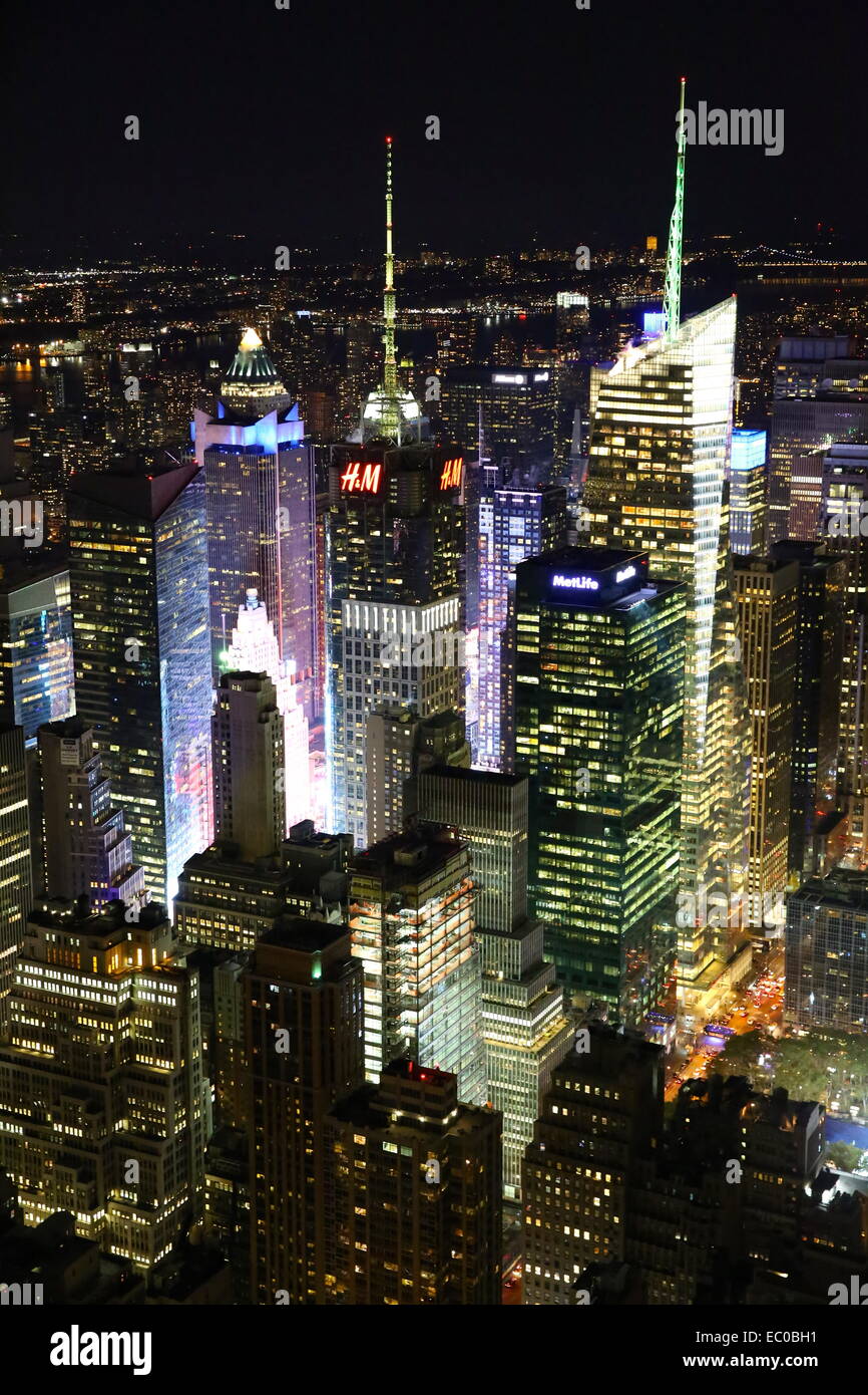 Midtown Manhattan lit up by Times Square. Looking North from the Empire State Building. Stock Photo