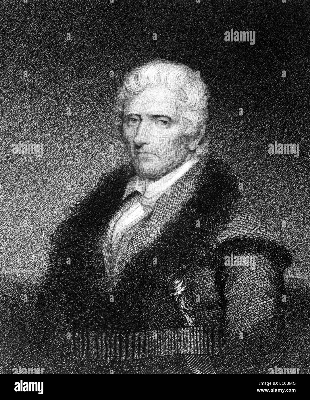 Daniel Boone (1734-1820) on engraving from 1835. American pioneer, explorer, and frontiersman. Stock Photo