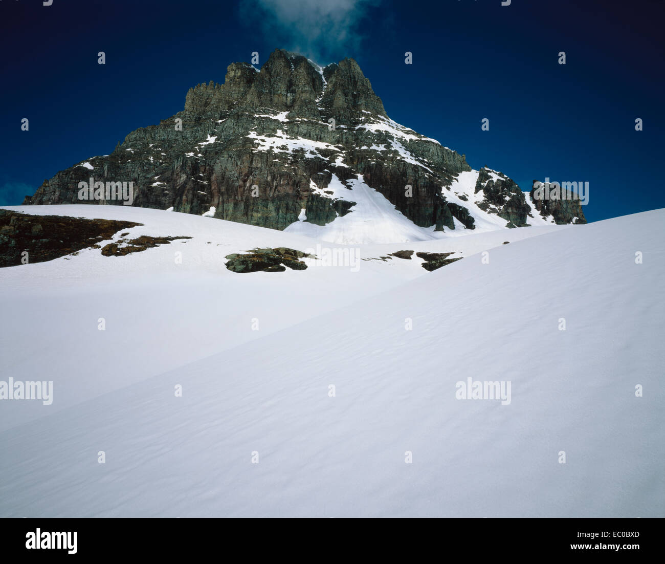 Mt. Clements rises above snow covered slopes. Glacier National Park, Montana Stock Photo