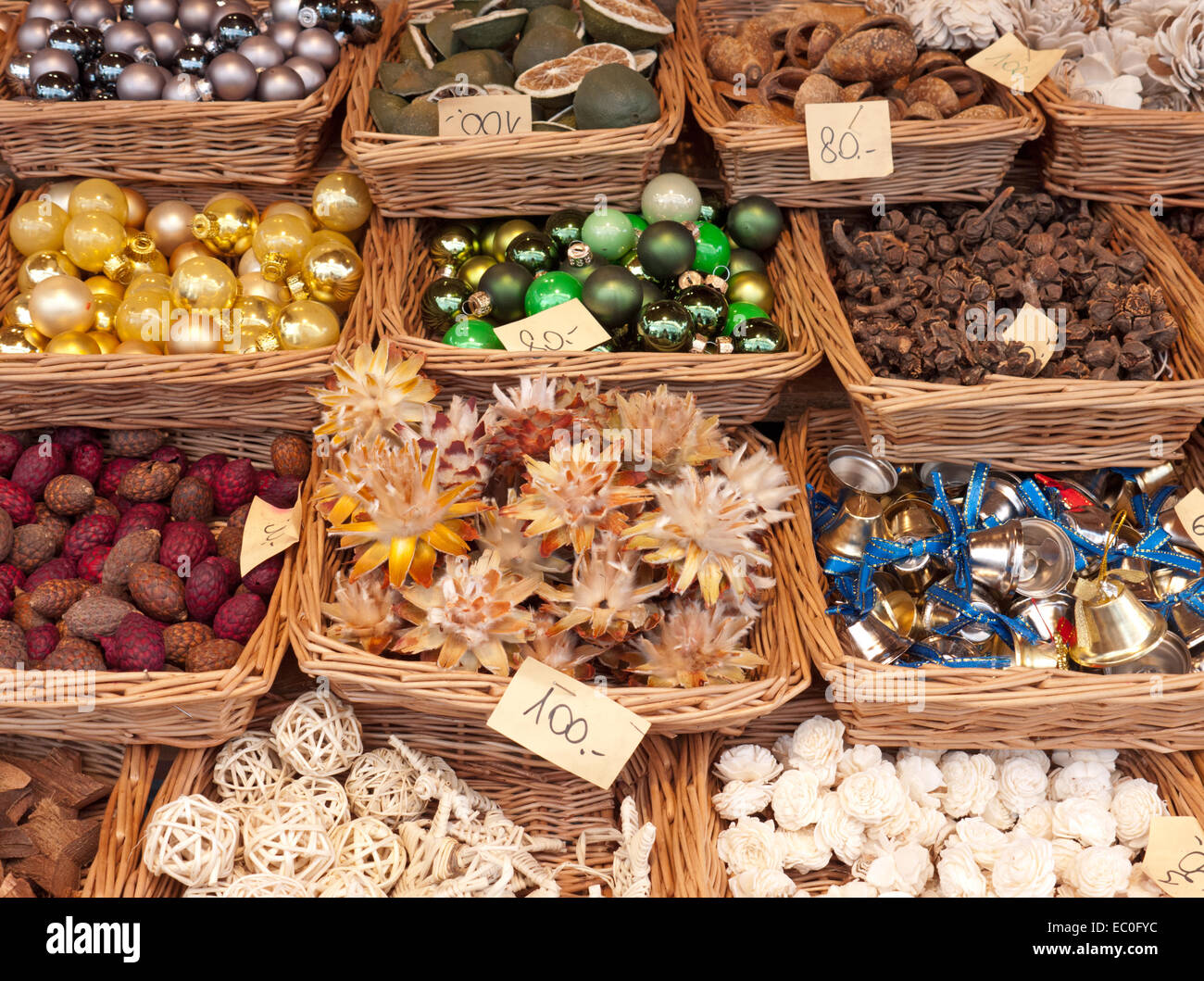 Stall selling Christmas decoration at the Christmas market in the Stock