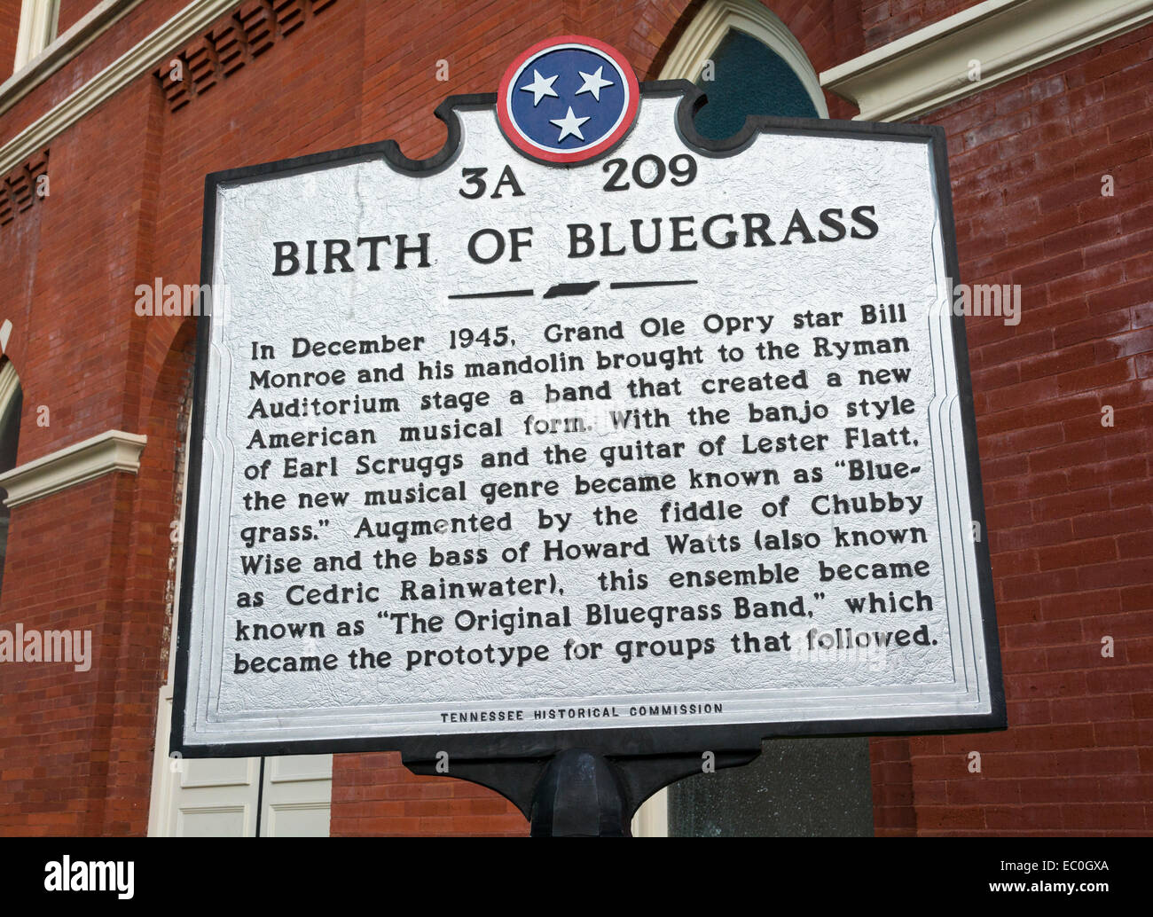 Tennessee, Nashville, Downtown, The District, Ryman Auditorium, Birth of Bluegrass information sign Stock Photo
