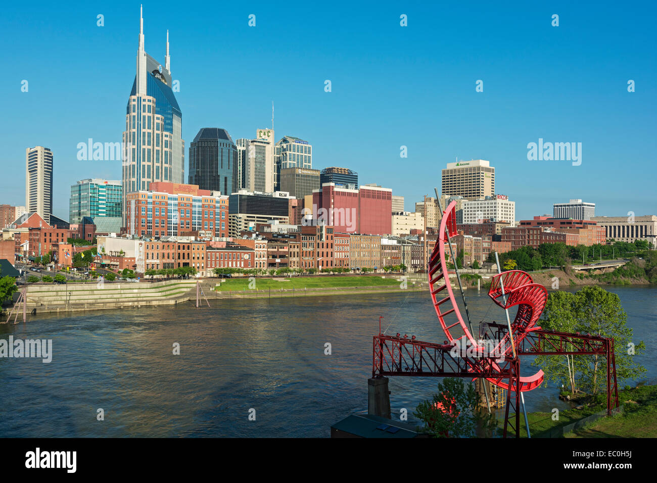 Tennessee, Nashville, sculpture 'Ghost Ballet for the East Bank Machineworks'  by Alice Aycock, Cumberland River, downtown skyli Stock Photo
