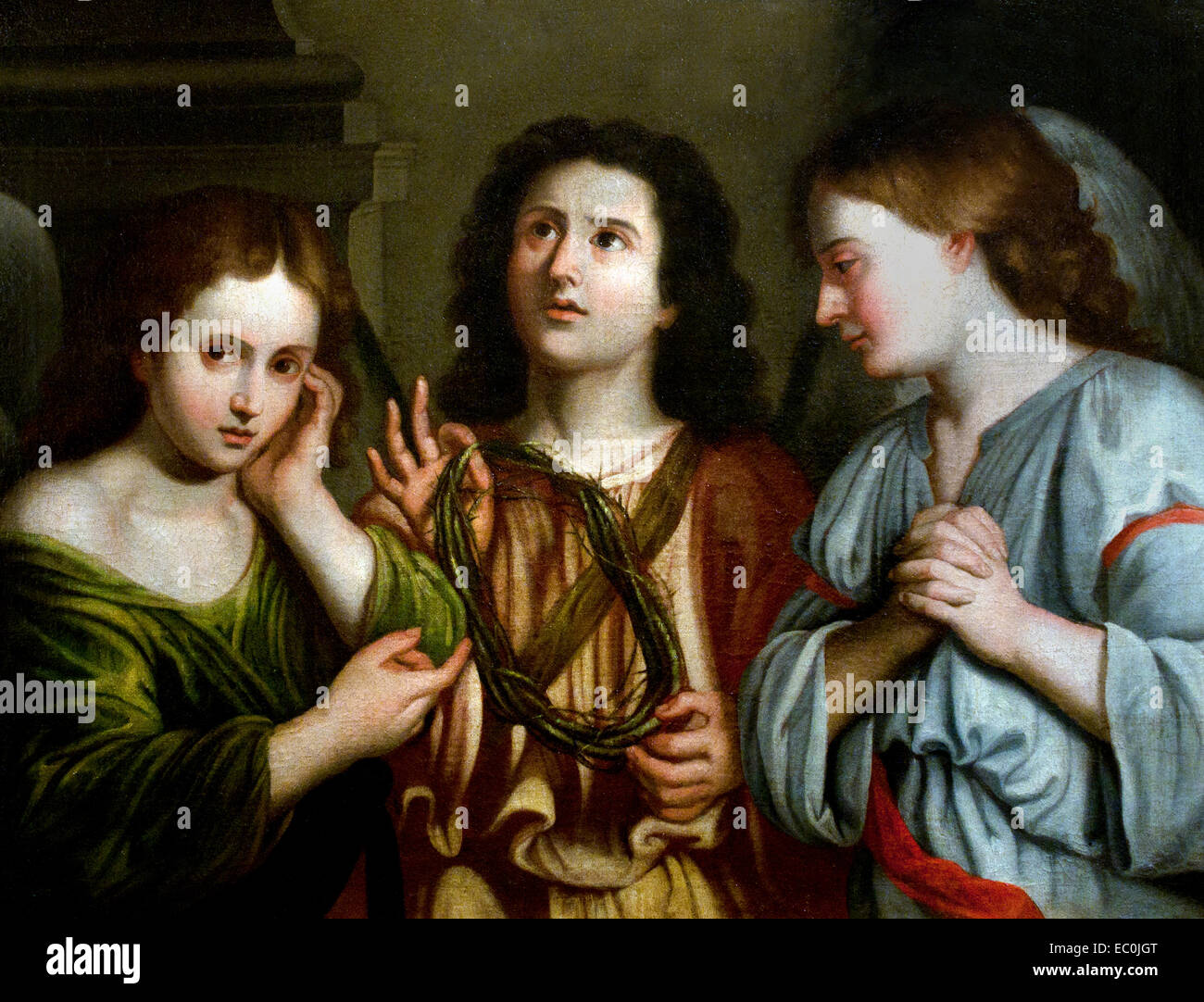 Tres ángeles venerando la corona de espinas - Three angels worshiping the crown of thorns Simon Peti or Pitti 1665-1714  Spain Spanish Stock Photo