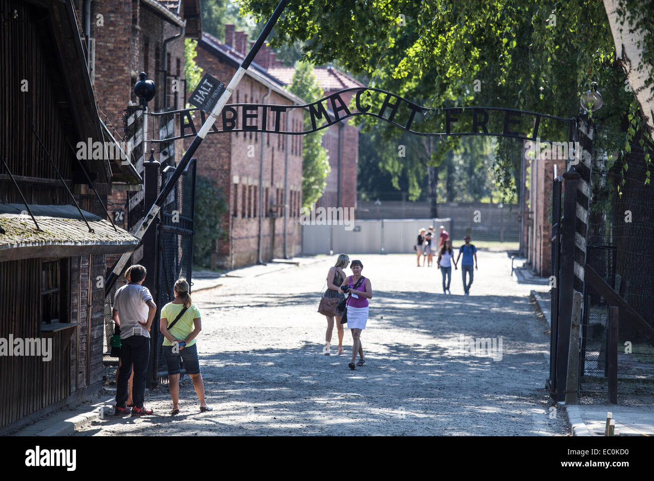 Work makes freedom sign, Auschwitz Birkenau Concentration Camp, Poland Stock Photo