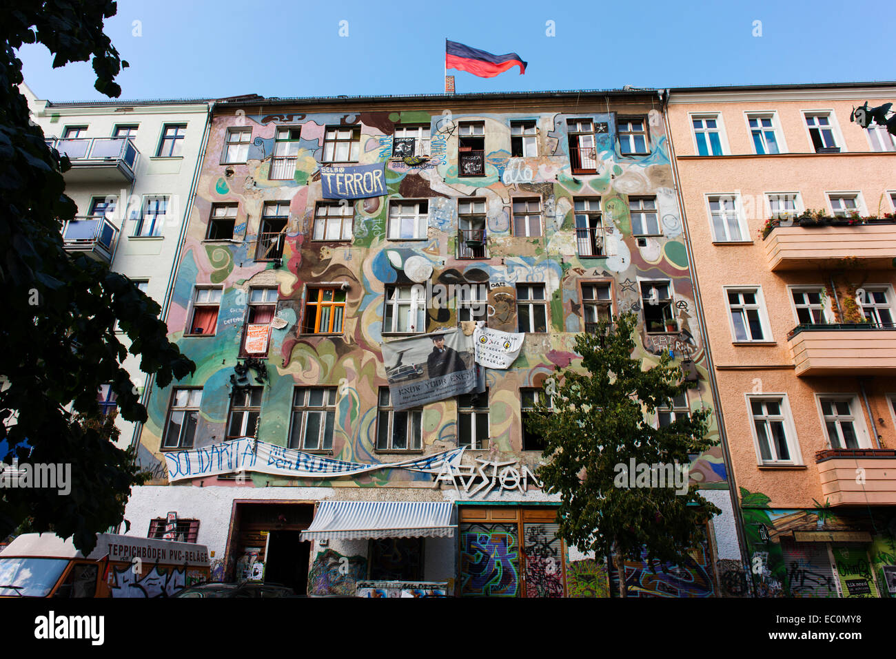 Building with murals in Friedrichshain. Stock Photo