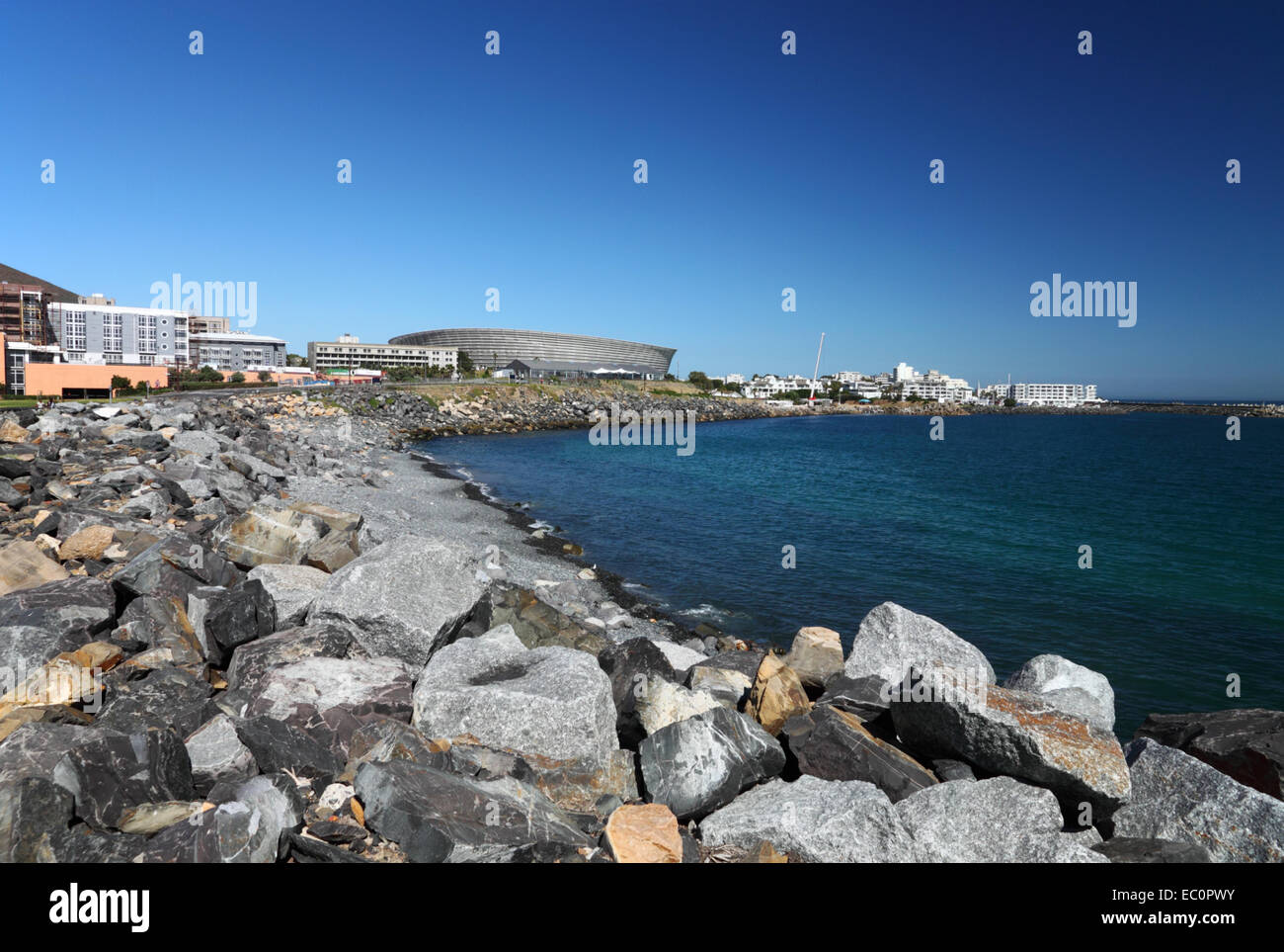Granger Bay, Mouille Point, and Green Point Stadium, Cape Town, South Africa. Stock Photo