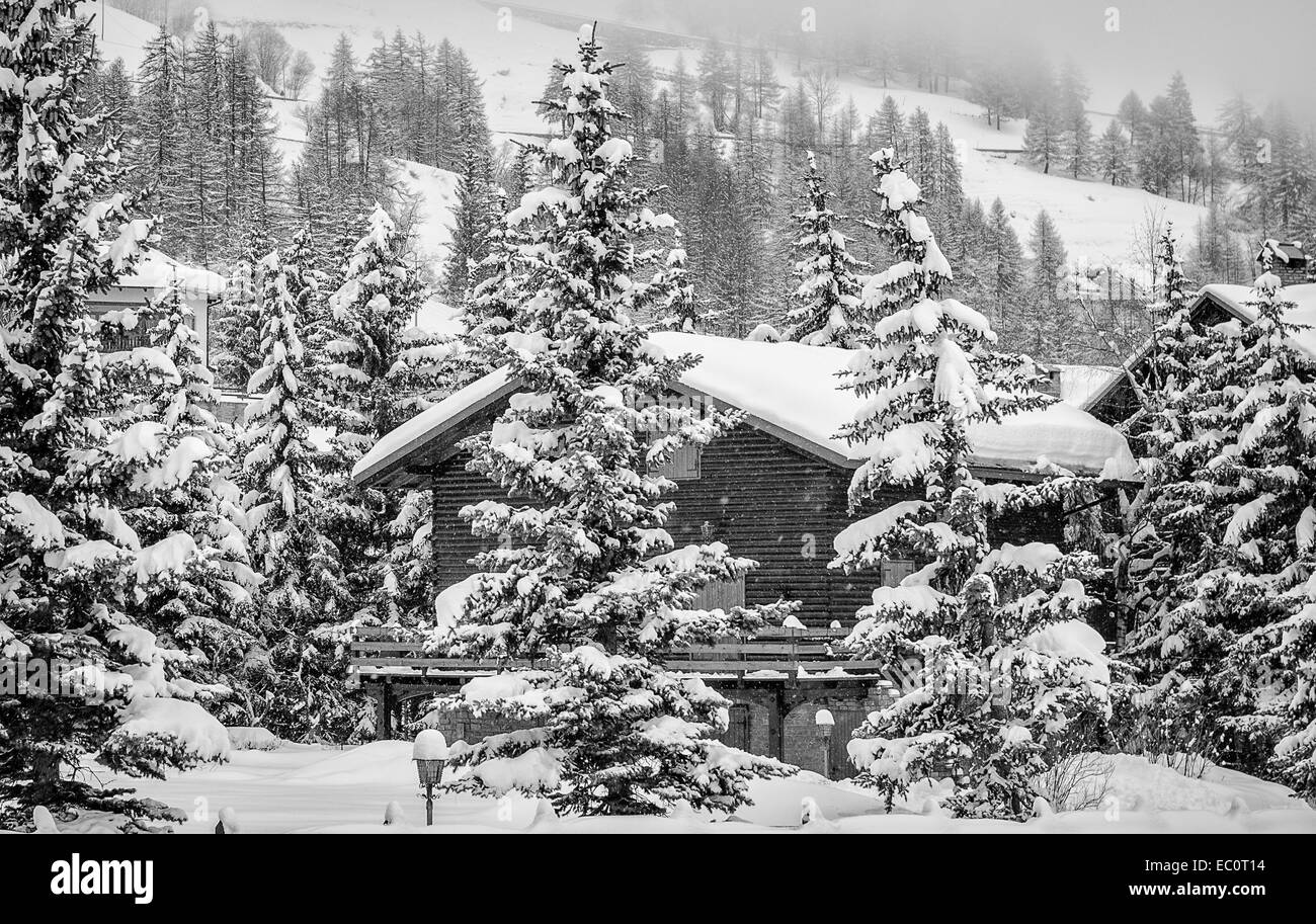 During a snowstorm, a mountain lodge surrounded by pine trees for a pleasant mountain scene, black and white conversion Stock Photo