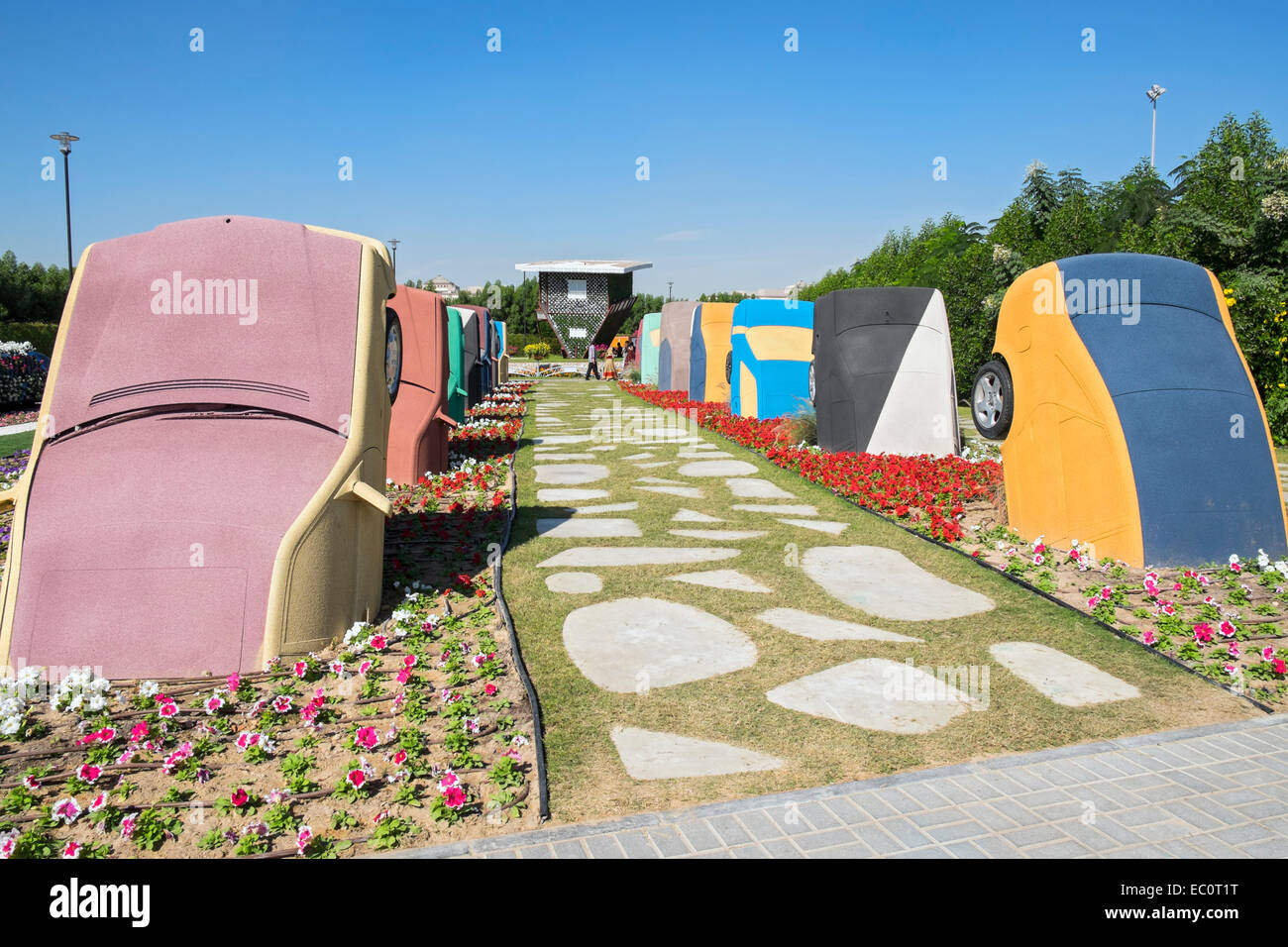 View of flower displays with model car sculptures at  Miracle Garden the world's biggest flower garden in Dubai United Arab Emir Stock Photo
