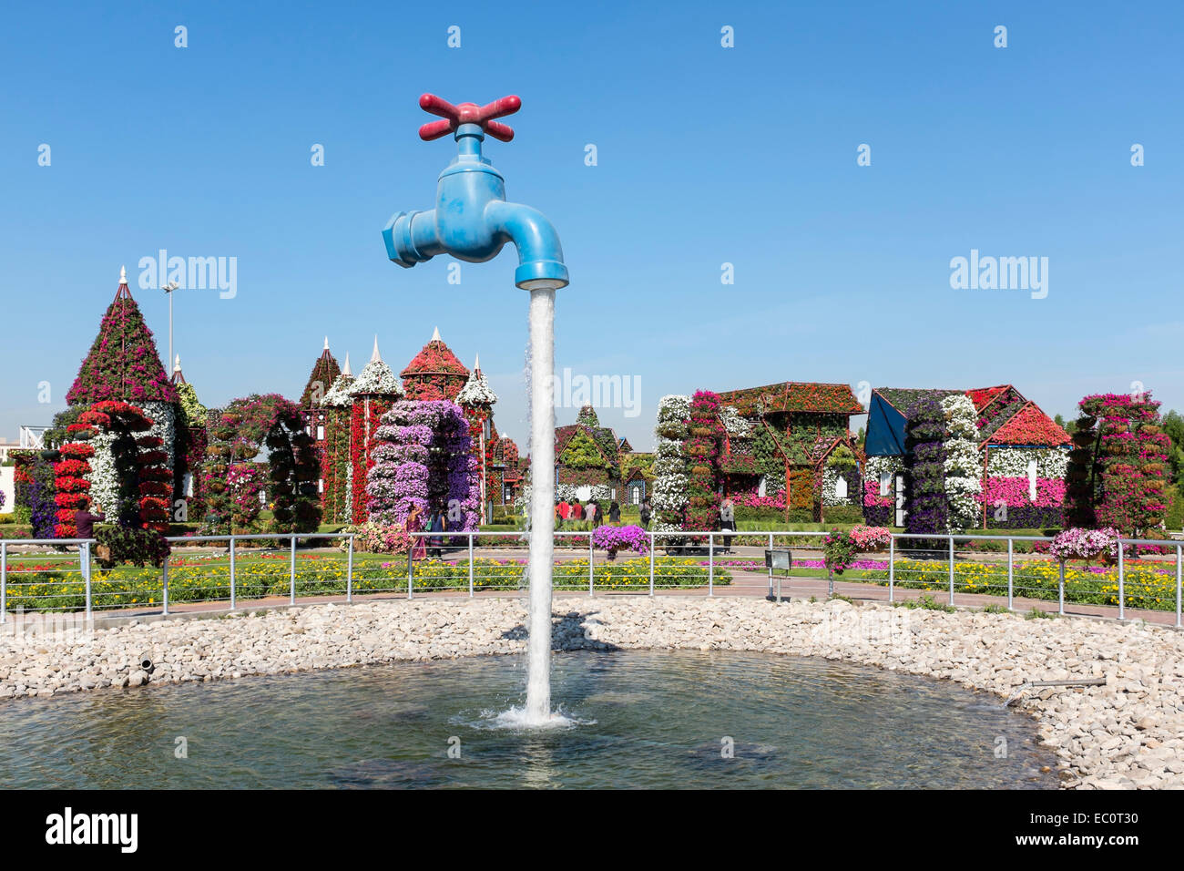 Pond and display at Miracle Garden the world's biggest flower garden in