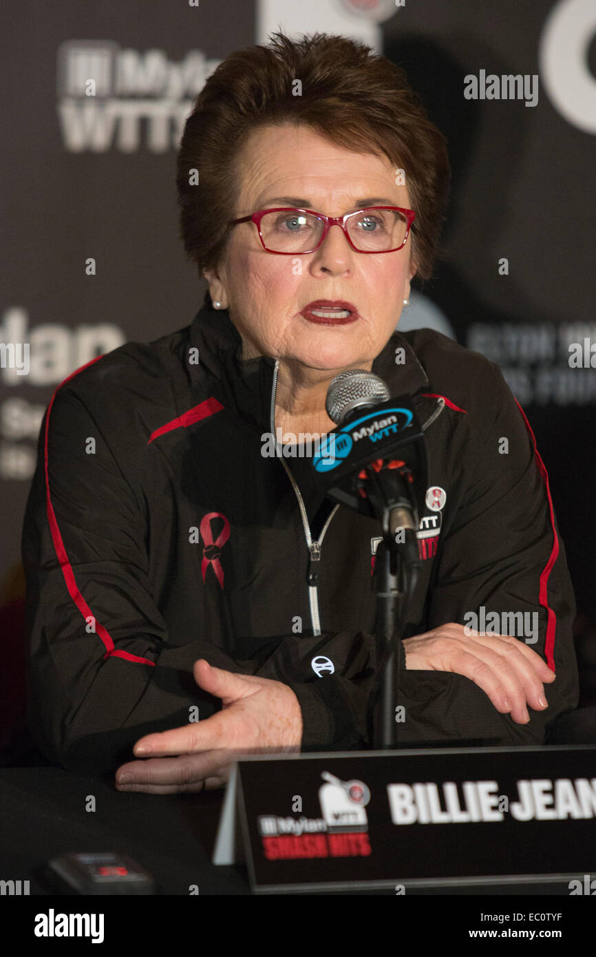 London, UK. 7 December 2014. Pictured: Billie Jean King. Press conference led by Billie Jean King and Sir Elton John ahead of the tennis matches of the 22nd Mylan World Team Tennis Smash Hits at the Royal Albert Hall, London. Event participants include Andy Roddick, Tim Henman, Kim Clijsters, Sabine Lisicki, John McEnroe, Jamie Murray, Heather Watson and Martina Hingis. The event raises money for the Elton John Aids Foundation (EJAF). The event takes place during Statoil Masters Tennis. Credit:  Nick Savage/Alamy Live News Stock Photo