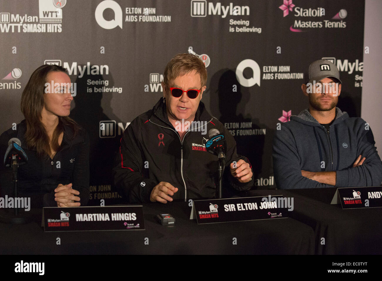 London, UK. 7 December 2014. Press conference led by Billie Jean King and Sir Elton John ahead of the tennis matches of the 22nd Mylan World Team Tennis Smash Hits at the Royal Albert Hall, London. Event participants include Andy Roddick, Tim Henman, Kim Clijsters, Sabine Lisicki, John McEnroe, Jamie Murray, Heather Watson and Martina Hingis. The event raises money for the Elton John Aids Foundation (EJAF). The event takes place during Statoil Masters Tennis. Credit:  Nick Savage/Alamy Live News Stock Photo