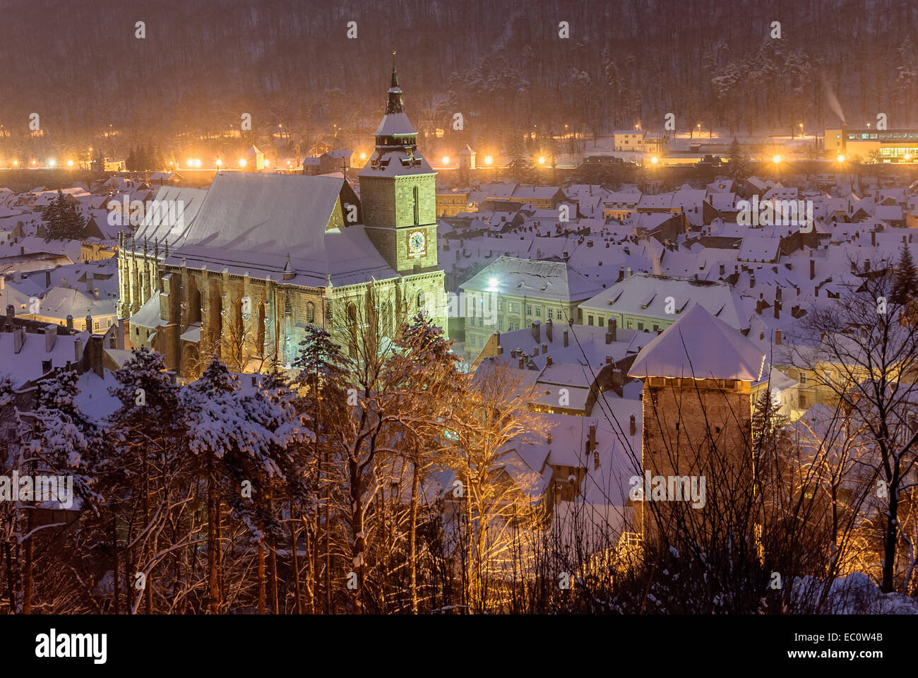 The Black Church, a cathedral in Brasov, night view. Stock Photo