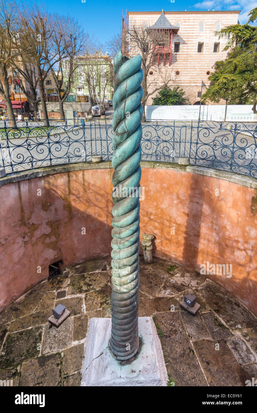 Serpent Column, an ancient bronze column at the Hippodrome of Constantinople in Istanbul, Turkey. Stock Photo