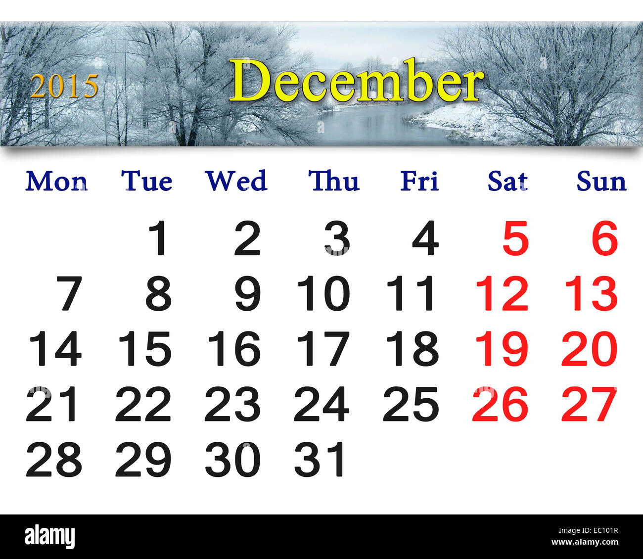 beautiful calendar for the December of 2015 with the ribbon of frozen river Stock Photo