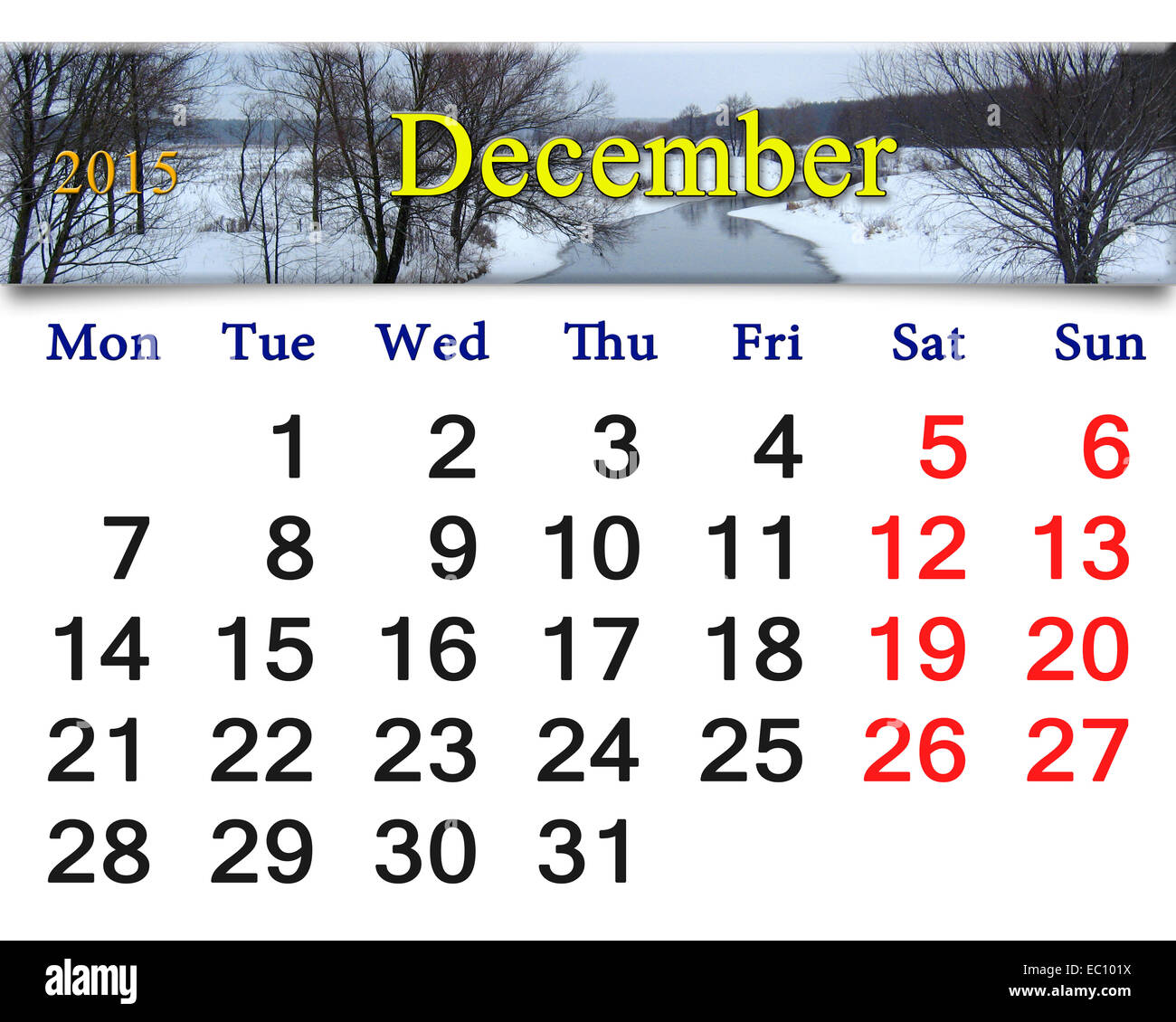 beautiful calendar for the December of 2015 with the ribbon of frozen river Stock Photo