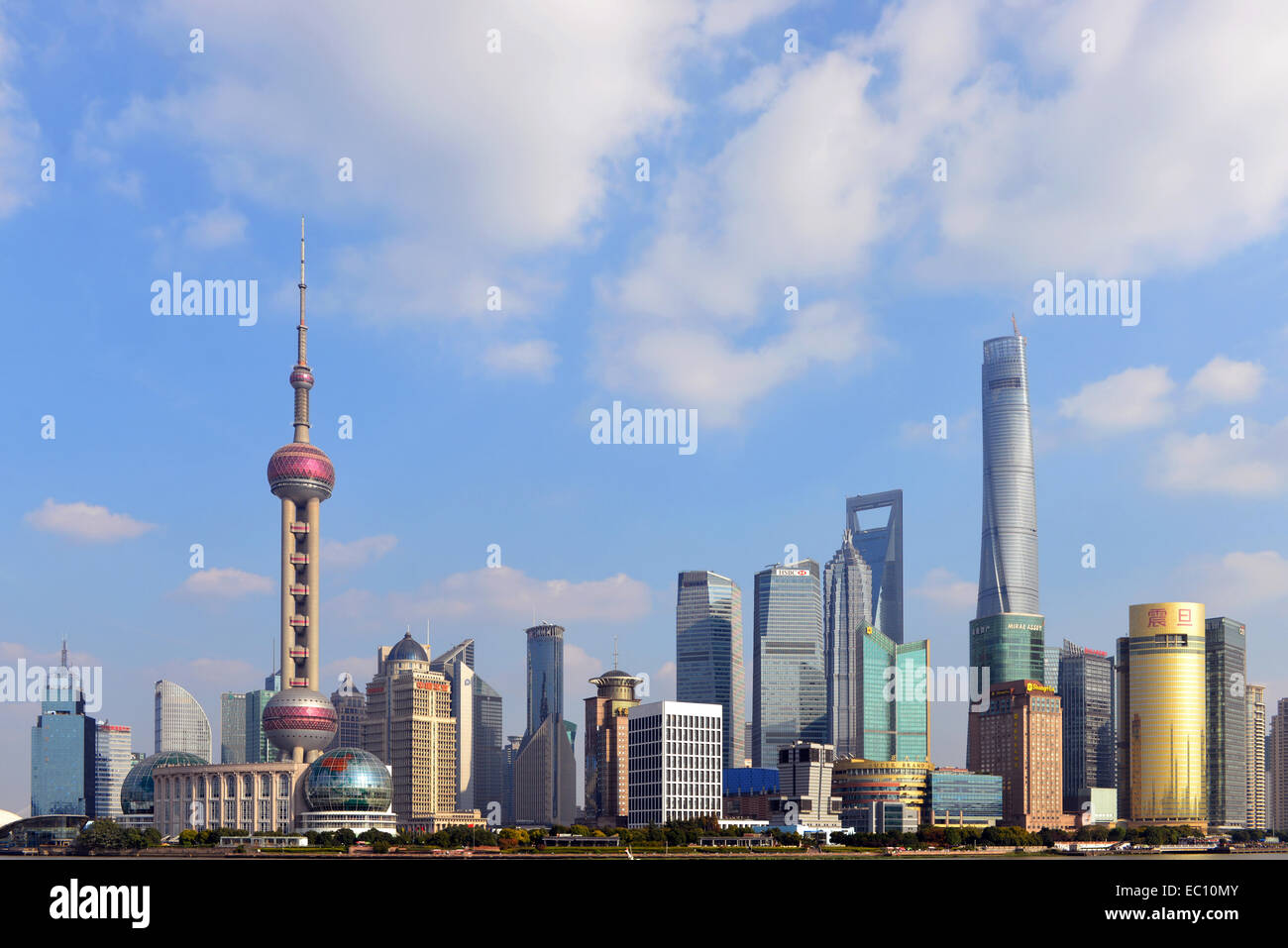 The magnificent skyline of Shanghai on a sunny day, as seen from across the Bund. Stock Photo