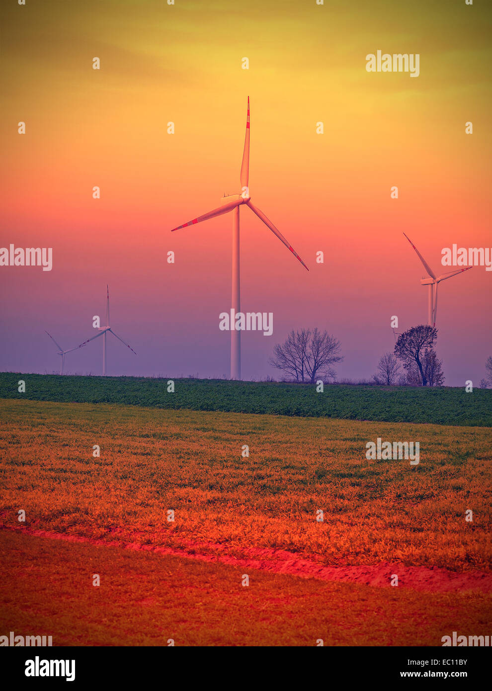 Windmills on field, abstract colors stylized. Stock Photo