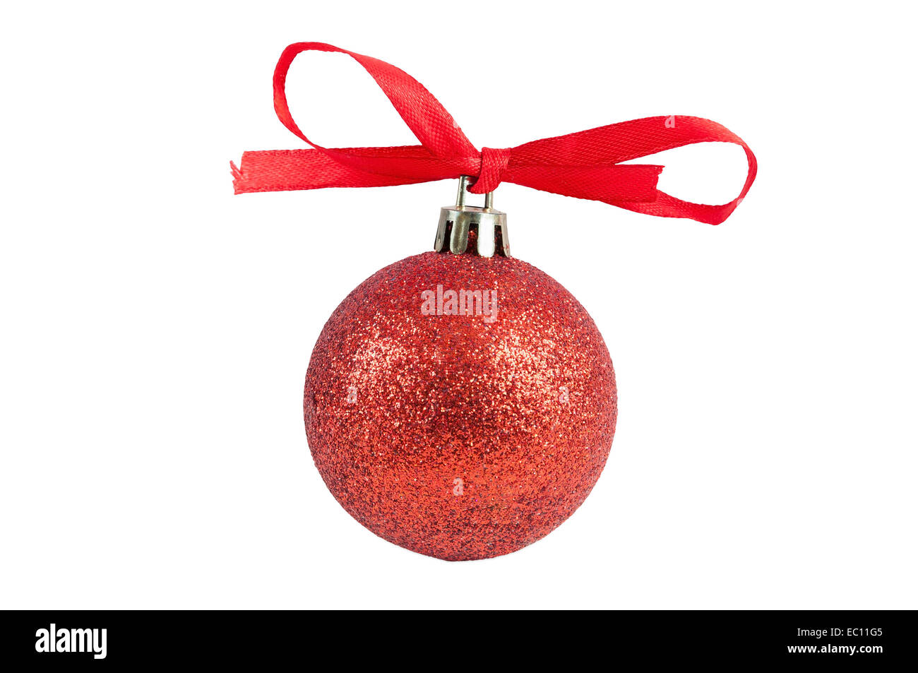 Red Christmas bauble with ribbon isolated on white background with clipping path Stock Photo