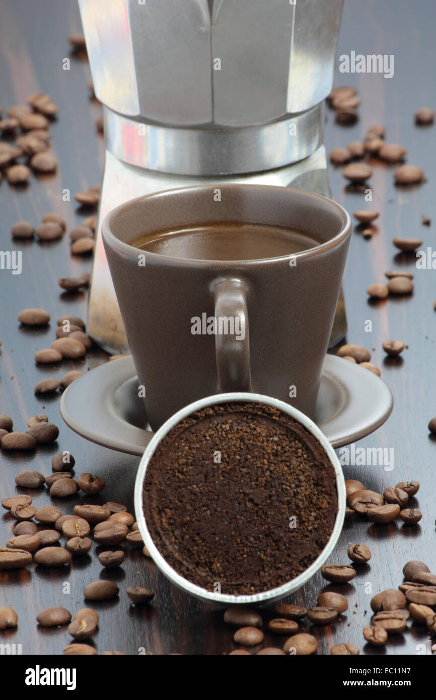 Stovetop coffee maker filter, cup of coffee and filter Stock Photo Alamy