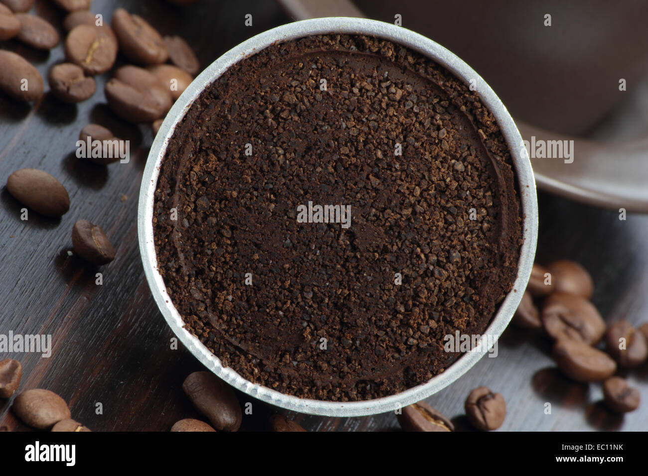 Closeup a stovetop coffee maker filter, with ground coffee Stock Photo