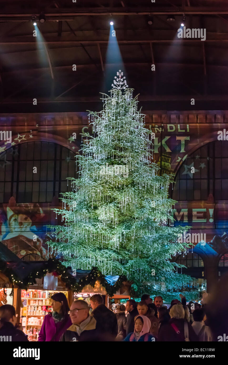 A giant christmas tree, draped with Swarovski jewelery, main attraction of Zurich's christmas