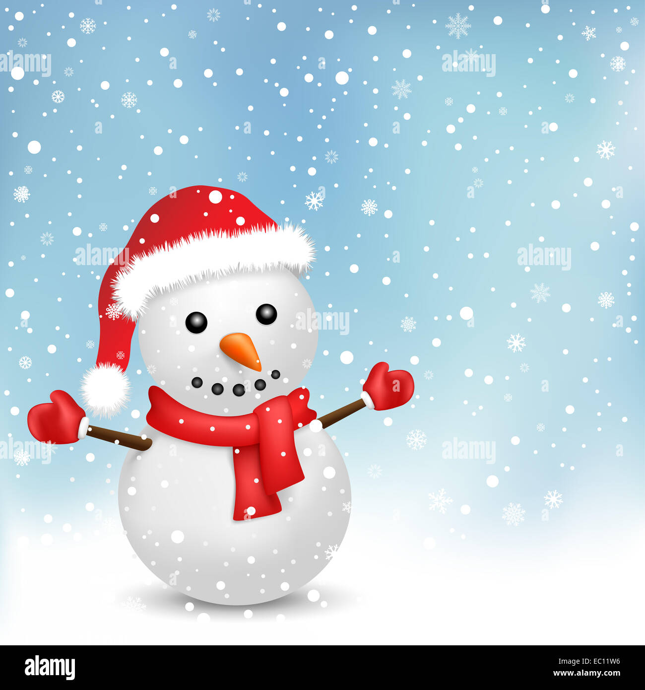 The snowman with red scarf and red hat on the snowfall background Stock ...