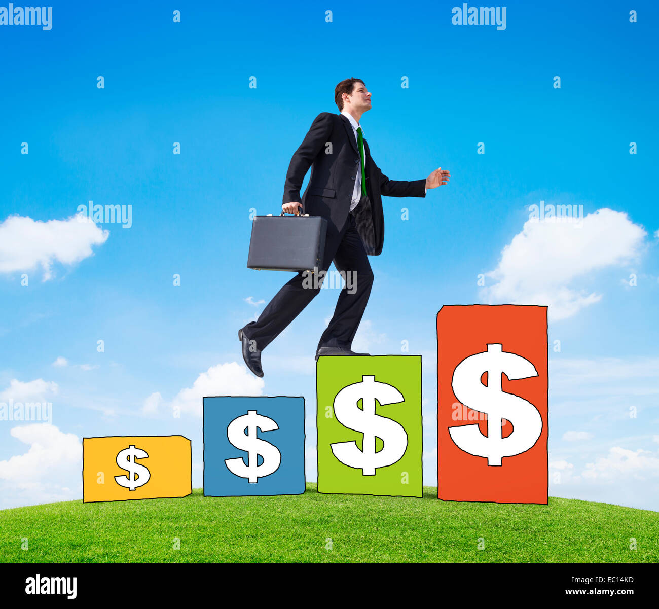 Businessman Success Concept with Currency Bar Graph Stock Photo