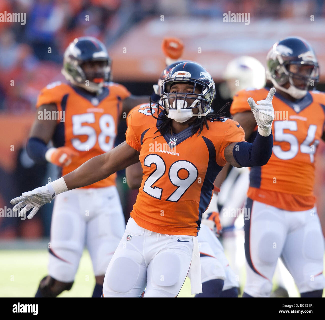 Denver, Colorado, USA. 7th Dec, 2014. Broncos CB BRADLEY ROBY celebrates with team mates after knocking down a pass during the 1st. Half at Sports Authority Field at Mile High Sunday afternoon. The Broncos beat the Bills 24-17. Credit:  Hector Acevedo/ZUMA Wire/Alamy Live News Stock Photo