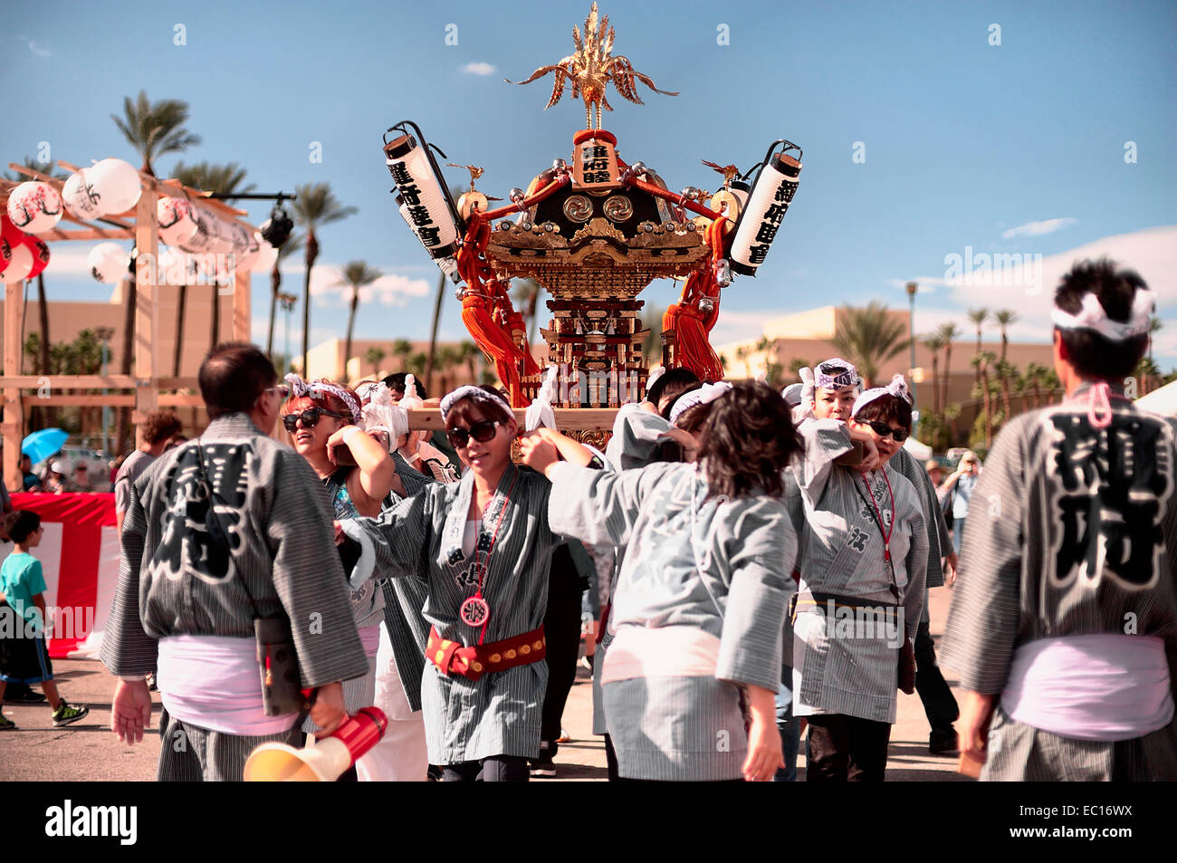 An Omikoshi (portable shrine) being carried at the Las Vegas Akimatsuri. 2014 was the first year to feature an Omikoshi. Stock Photo