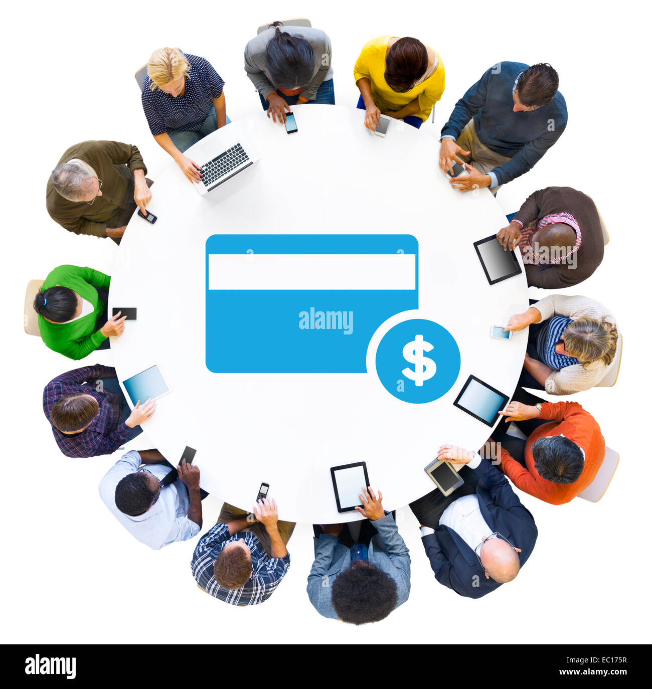 People Using Digital Devices with Credit Card Symbol Stock Photo