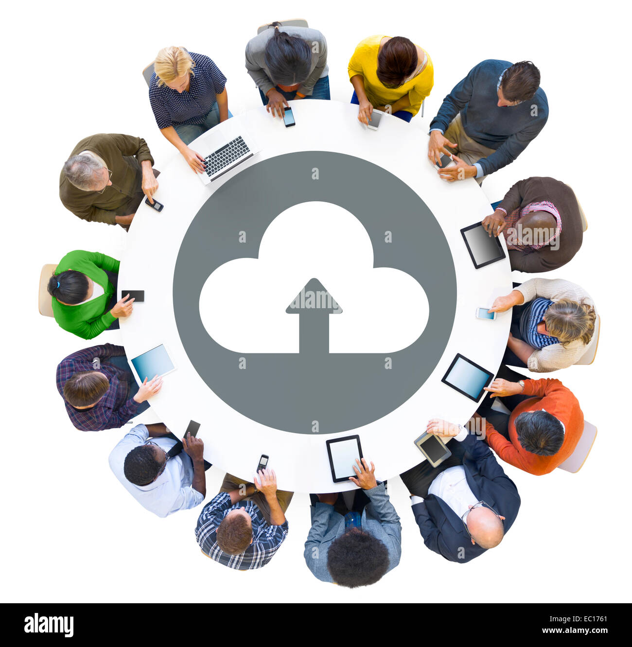 Group of People Using Digital Devices with Cloud Symbol Stock Photo
