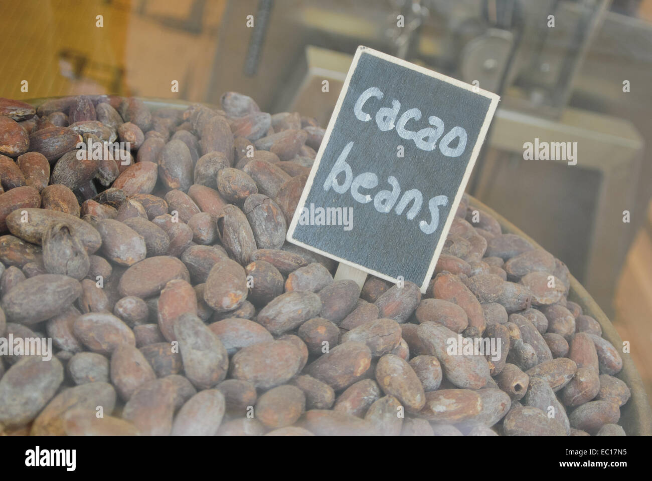 Cacao beans in display window Stock Photo