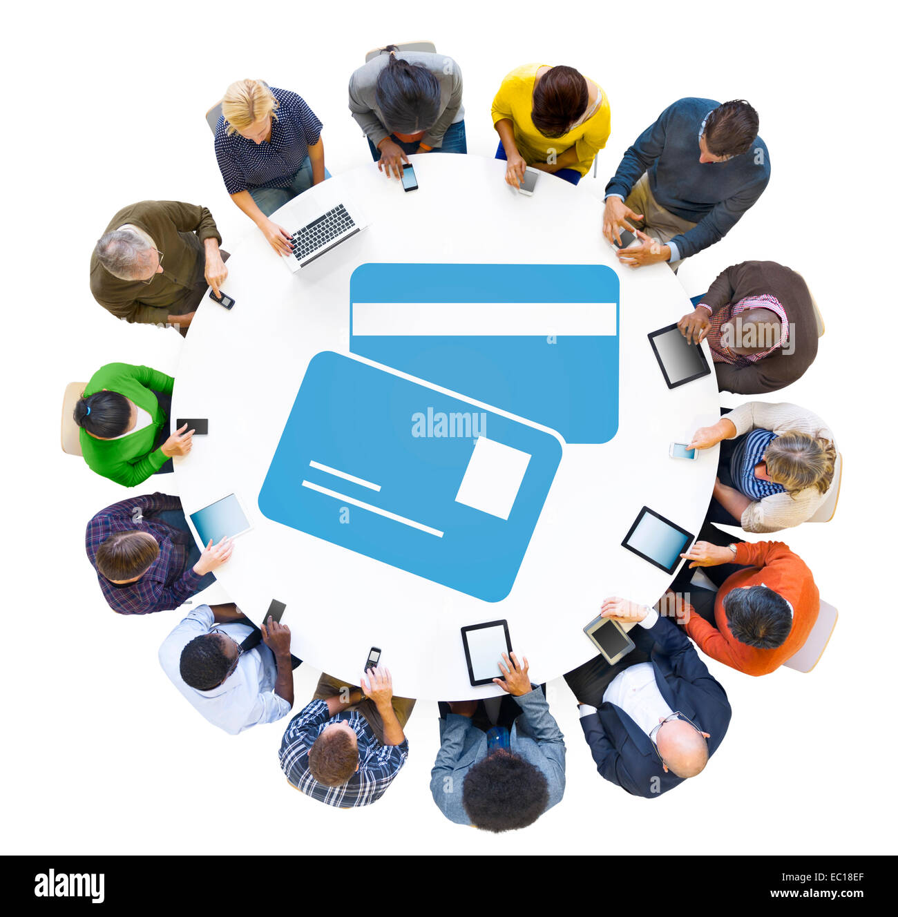 Group of People Using Digital Devices with Credit Card Symbol Stock Photo