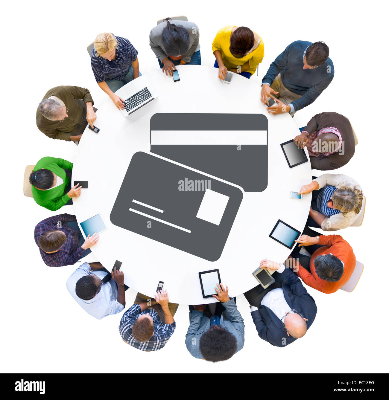 Group of People Using Digital Devices with Credit Card Symbol Stock Photo