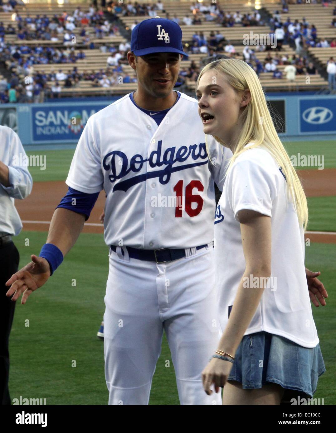 Celebrities attend the Los Angeles Dodgers v Chicago White Sox baseball game  at Dodger Stadium. The White Sox defeated the Dodgers by a final score of  2-1. Featuring: Elle Fanning,Andre Ethier Where