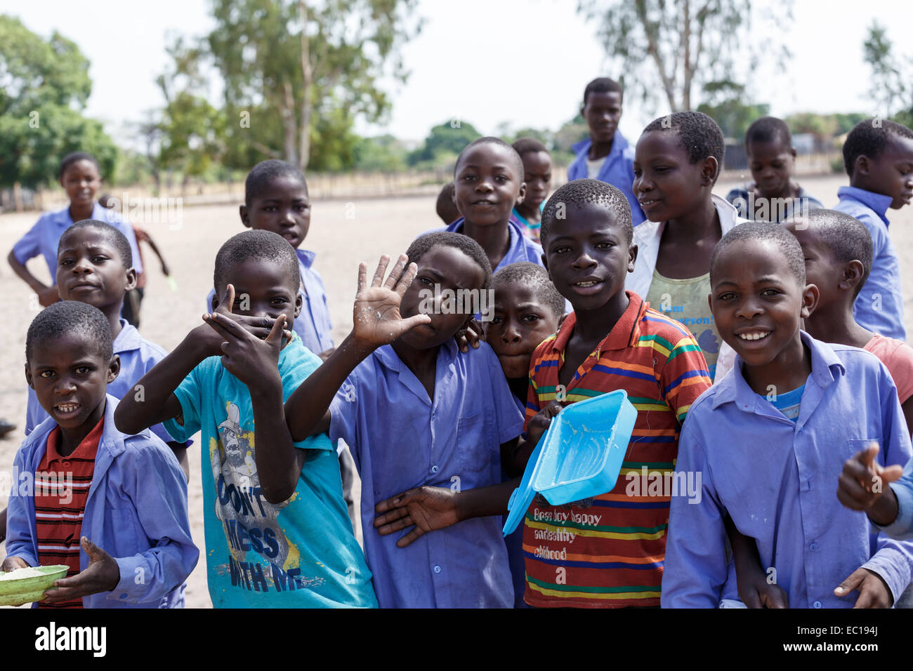 NAMIBIA, KAVANGO, OCTOBER 15: Happy Namibian school children waiting for a lesson. Kavango was the region with the highest pover Stock Photo