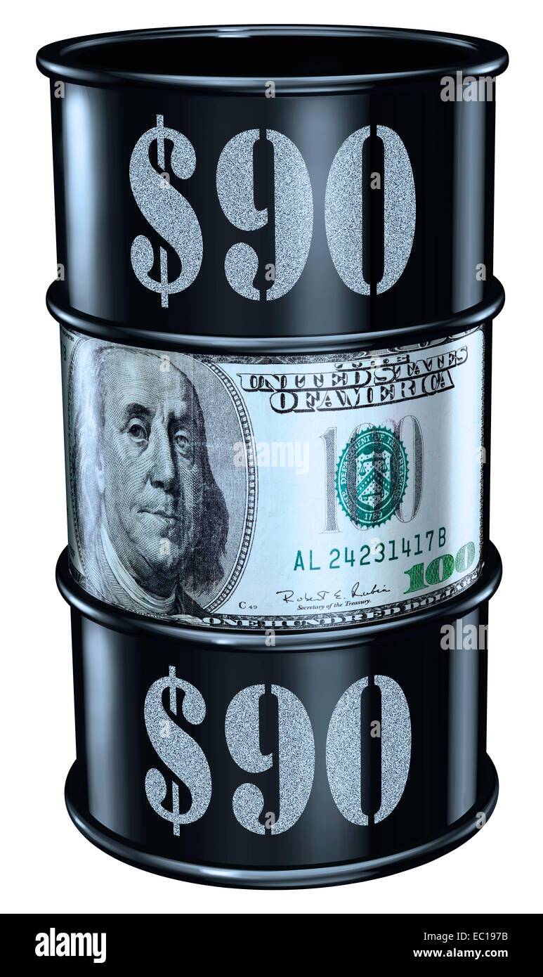 Oil barrel priced at $90 Stock Photo